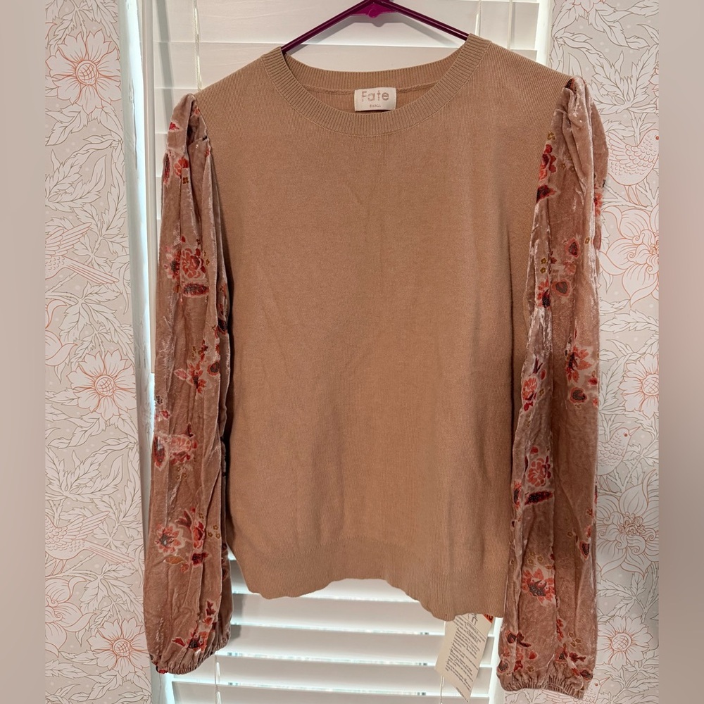 Fate Women's Brown Top with Floral Velvet Sleeves